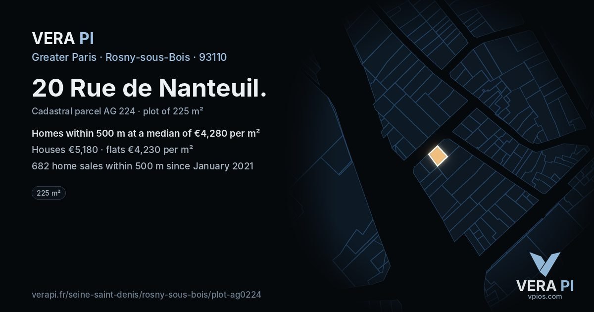 20 Rue de Nanteuil, Rosny-sous-Bois at night – the plot lit, the parcels around coloured by the prices near them