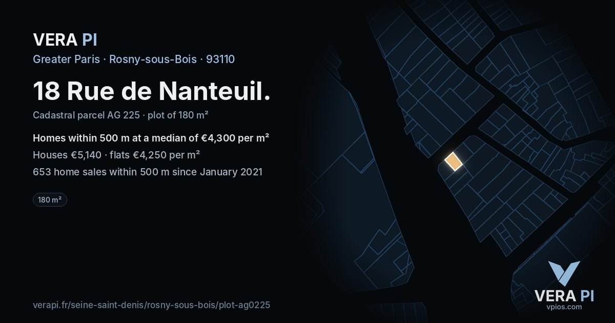 18 Rue de Nanteuil, Rosny-sous-Bois at night – the plot lit, the parcels around coloured by the prices near them