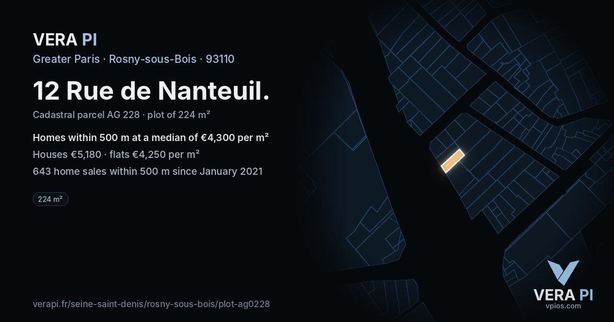 12 Rue de Nanteuil, Rosny-sous-Bois at night – the plot lit, the parcels around coloured by the prices near them