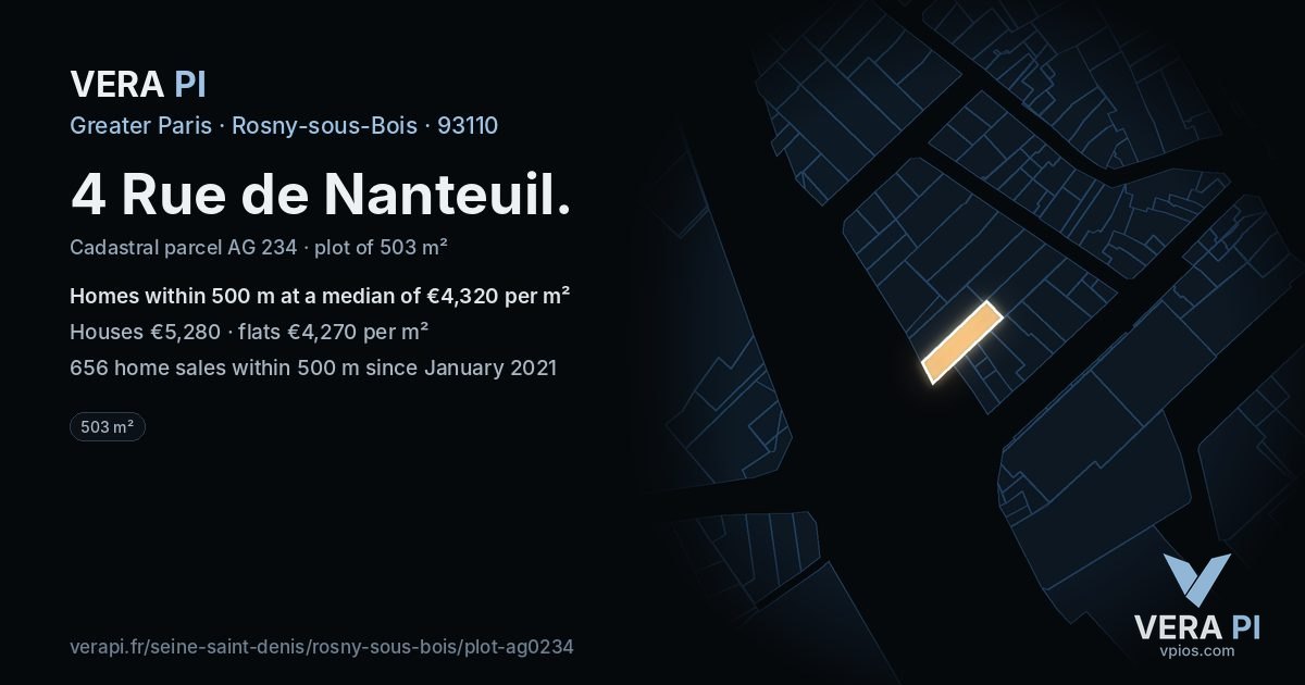4 Rue de Nanteuil, Rosny-sous-Bois at night – the plot lit, the parcels around coloured by the prices near them
