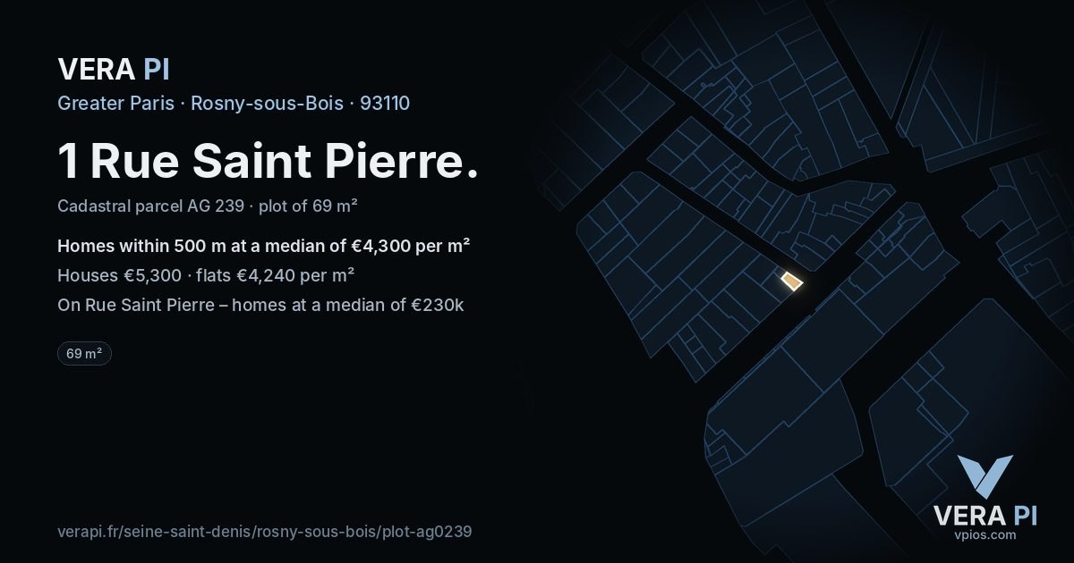 1 Rue Saint Pierre, Rosny-sous-Bois at night – the plot lit, the parcels around coloured by the prices near them