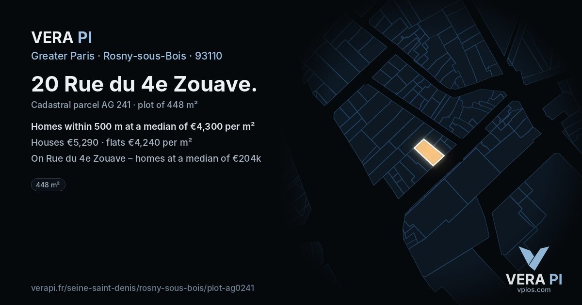 20 Rue du 4e Zouave, Rosny-sous-Bois at night – the plot lit, the parcels around coloured by the prices near them