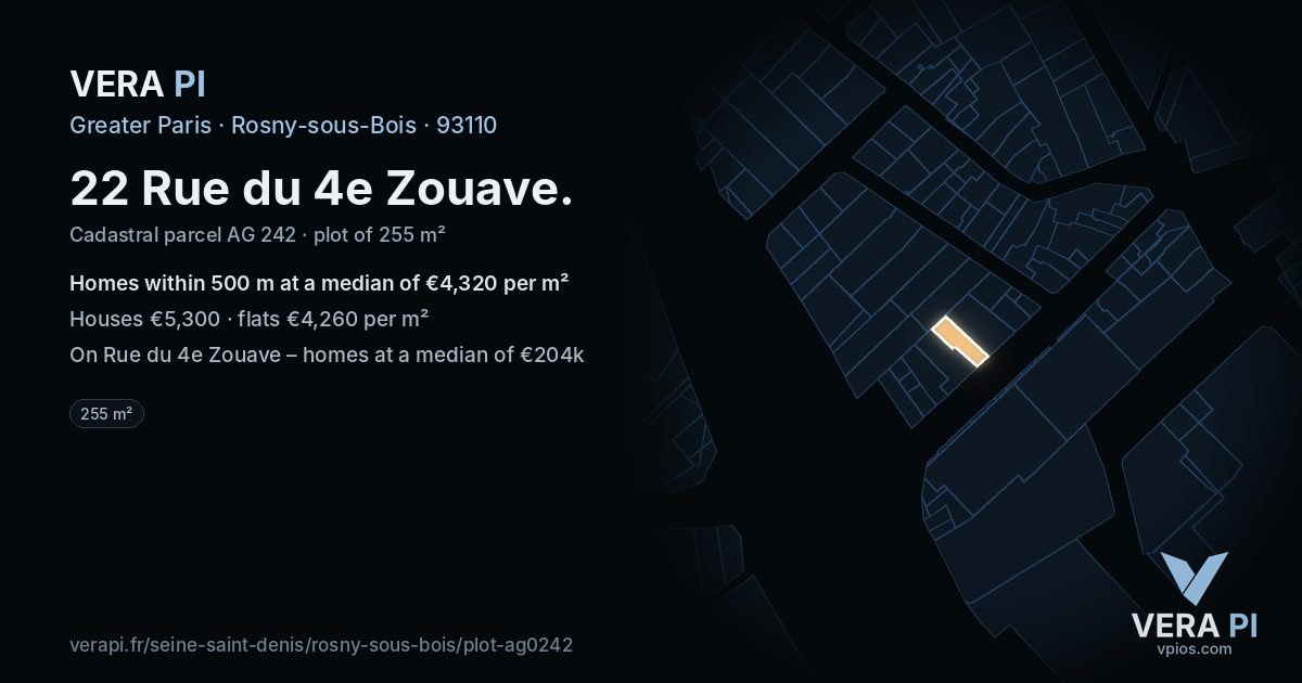 22 Rue du 4e Zouave, Rosny-sous-Bois at night – the plot lit, the parcels around coloured by the prices near them