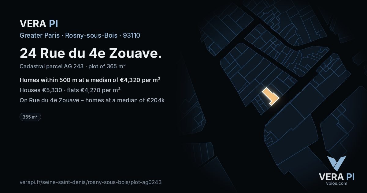 24 Rue du 4e Zouave, Rosny-sous-Bois at night – the plot lit, the parcels around coloured by the prices near them