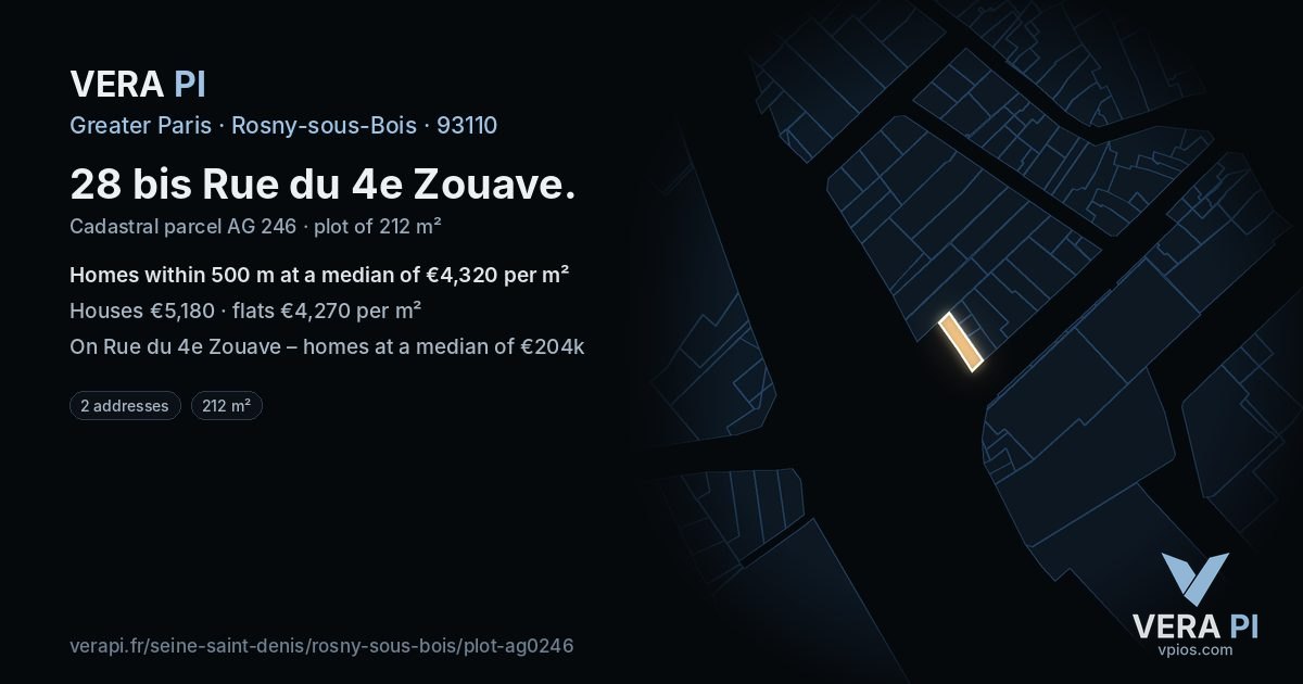 28 bis Rue du 4e Zouave, Rosny-sous-Bois at night – the plot lit, the parcels around coloured by the prices near them