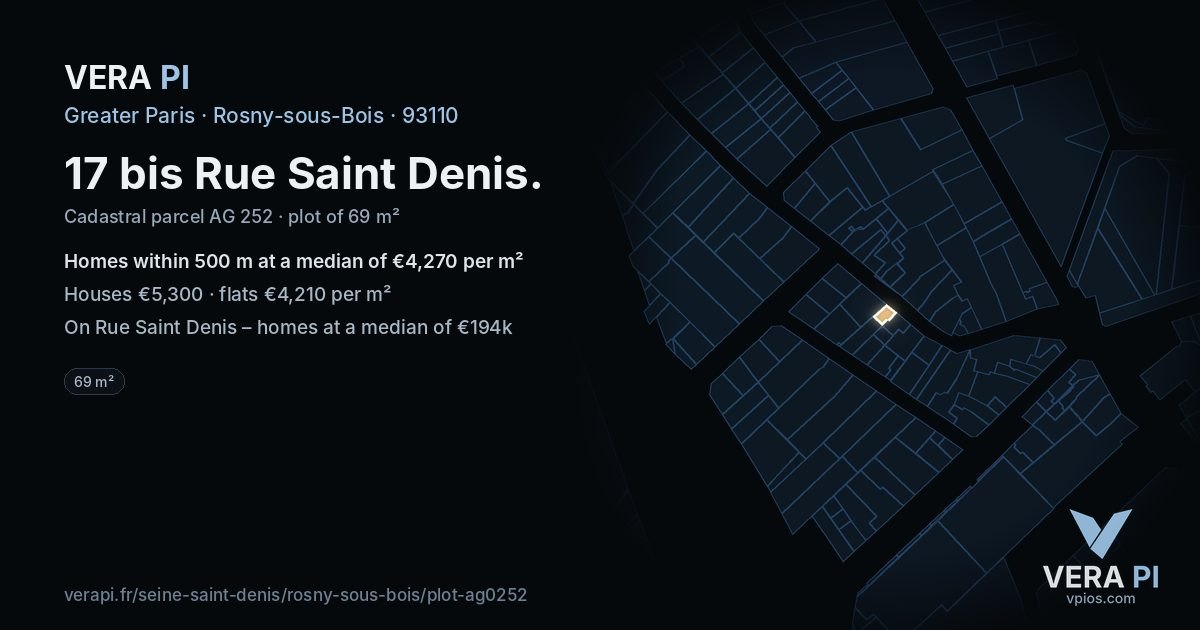 17 bis Rue Saint Denis, Rosny-sous-Bois at night – the plot lit, the parcels around coloured by the prices near them