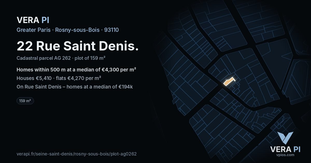 22 Rue Saint Denis, Rosny-sous-Bois at night – the plot lit, the parcels around coloured by the prices near them