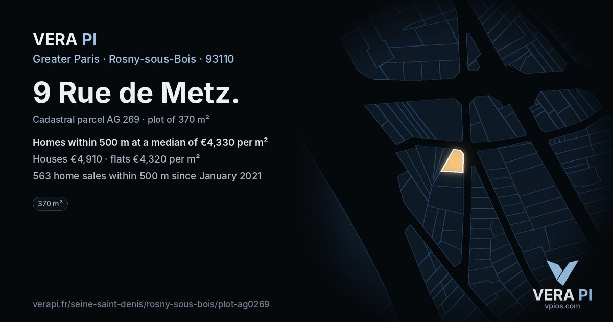 9 Rue de Metz, Rosny-sous-Bois at night – the plot lit, the parcels around coloured by the prices near them