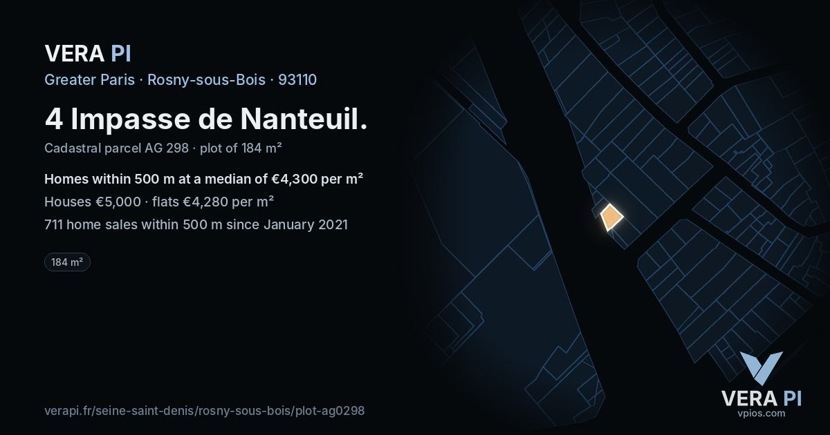 4 Impasse de Nanteuil, Rosny-sous-Bois at night – the plot lit, the parcels around coloured by the prices near them