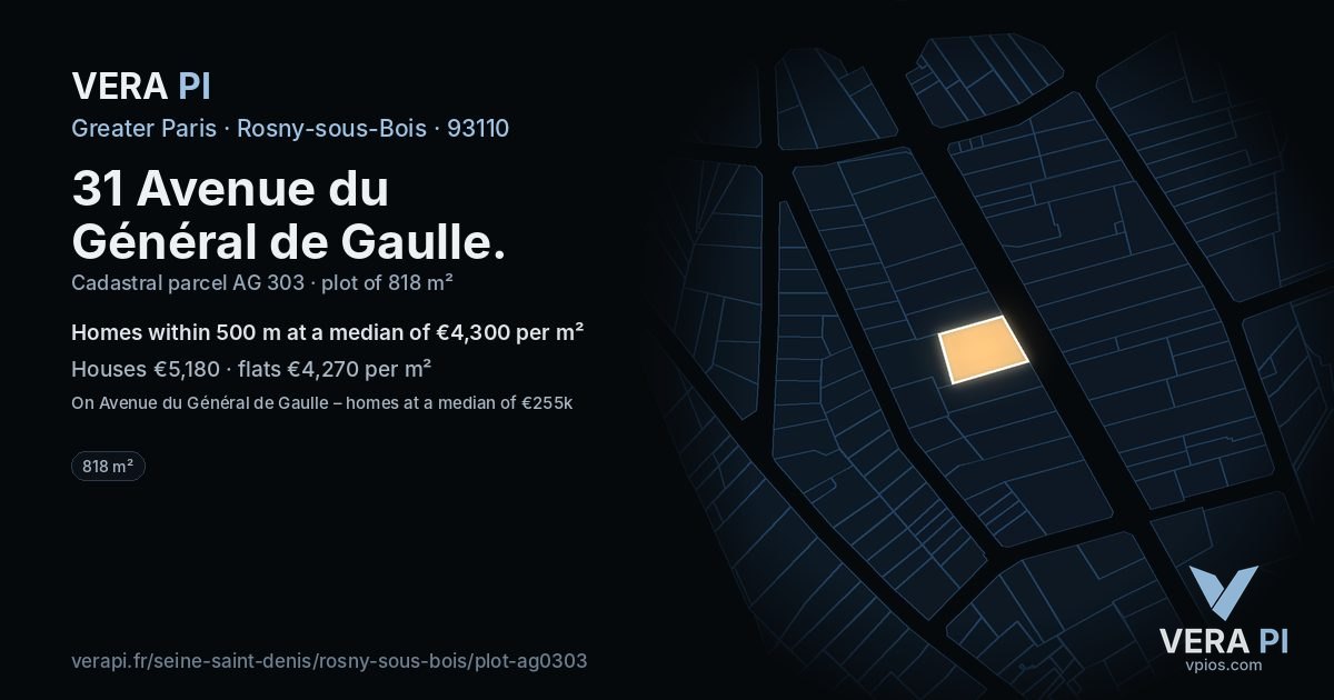 31 Avenue du Général de Gaulle, Rosny-sous-Bois at night – the plot lit, the parcels around coloured by the prices near them