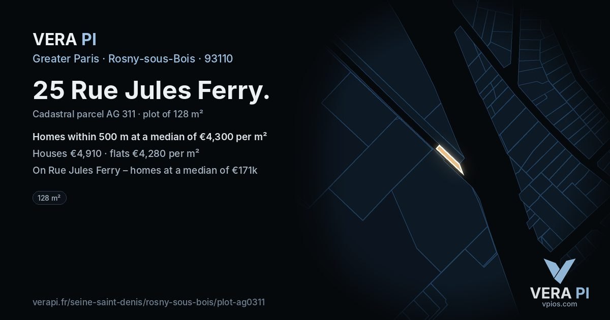 25 Rue Jules Ferry, Rosny-sous-Bois at night – the plot lit, the parcels around coloured by the prices near them