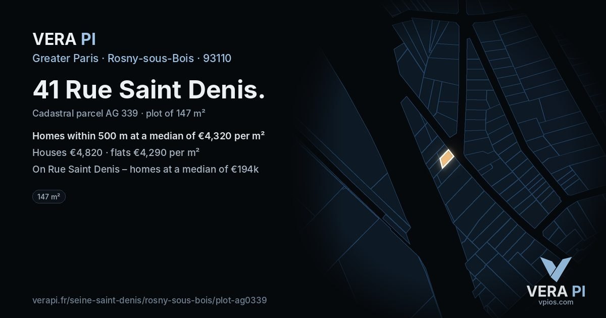 41 Rue Saint Denis, Rosny-sous-Bois at night – the plot lit, the parcels around coloured by the prices near them