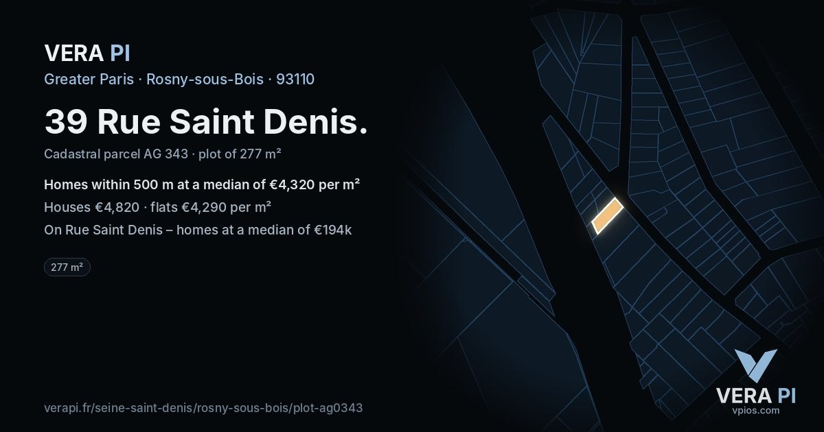 39 Rue Saint Denis, Rosny-sous-Bois at night – the plot lit, the parcels around coloured by the prices near them