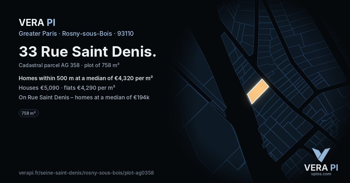 33 Rue Saint Denis, Rosny-sous-Bois at night – the plot lit, the parcels around coloured by the prices near them