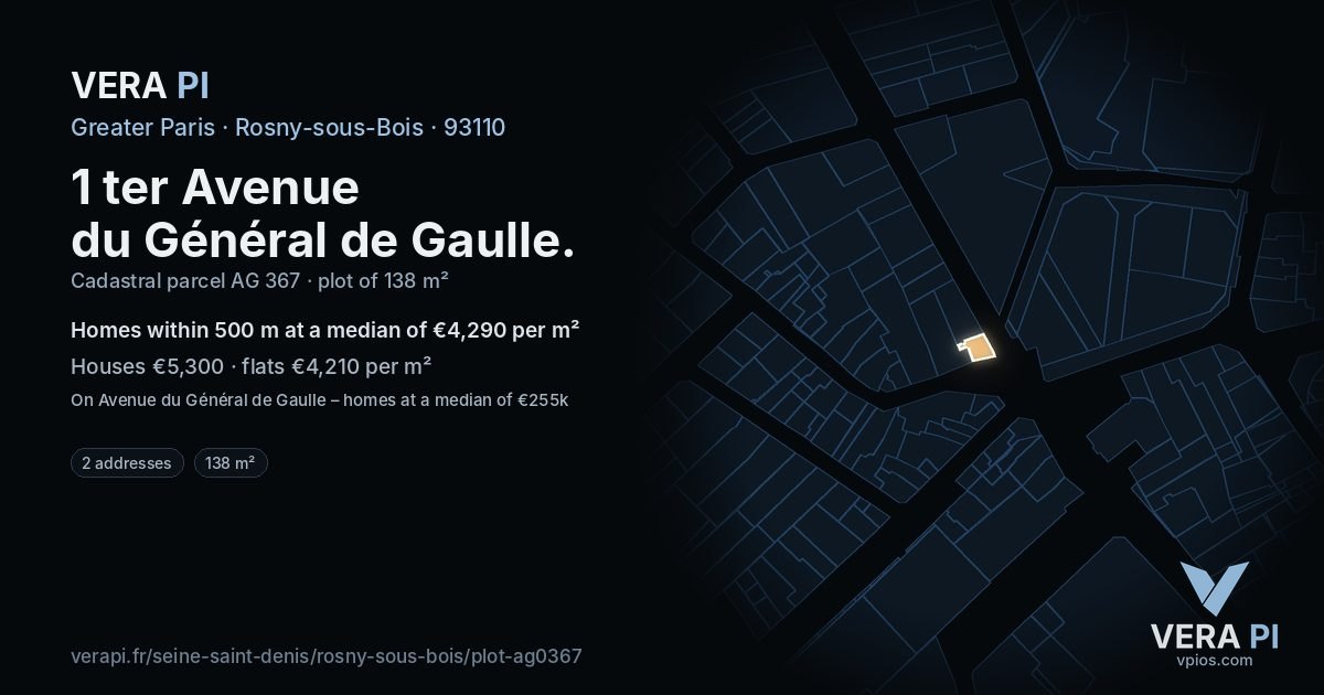 1 ter Avenue du Général de Gaulle, Rosny-sous-Bois at night – the plot lit, the parcels around coloured by the prices near them