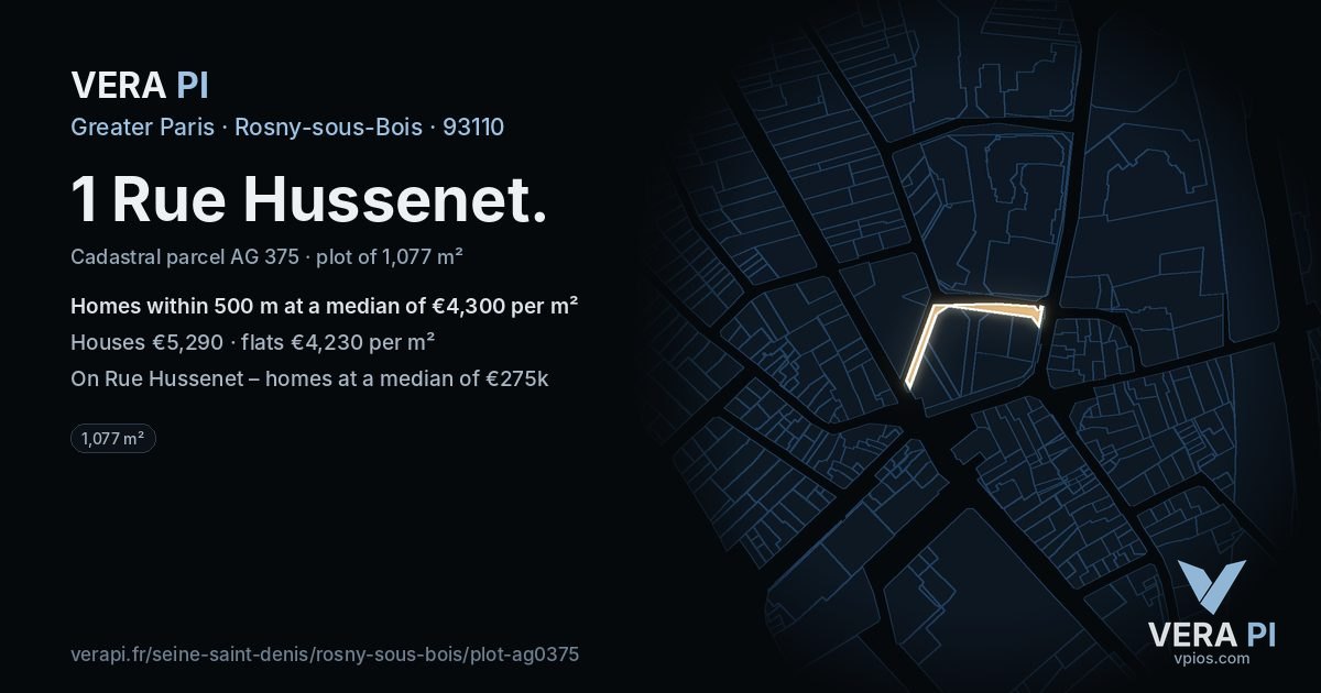 1 Rue Hussenet, Rosny-sous-Bois at night – the plot lit, the parcels around coloured by the prices near them