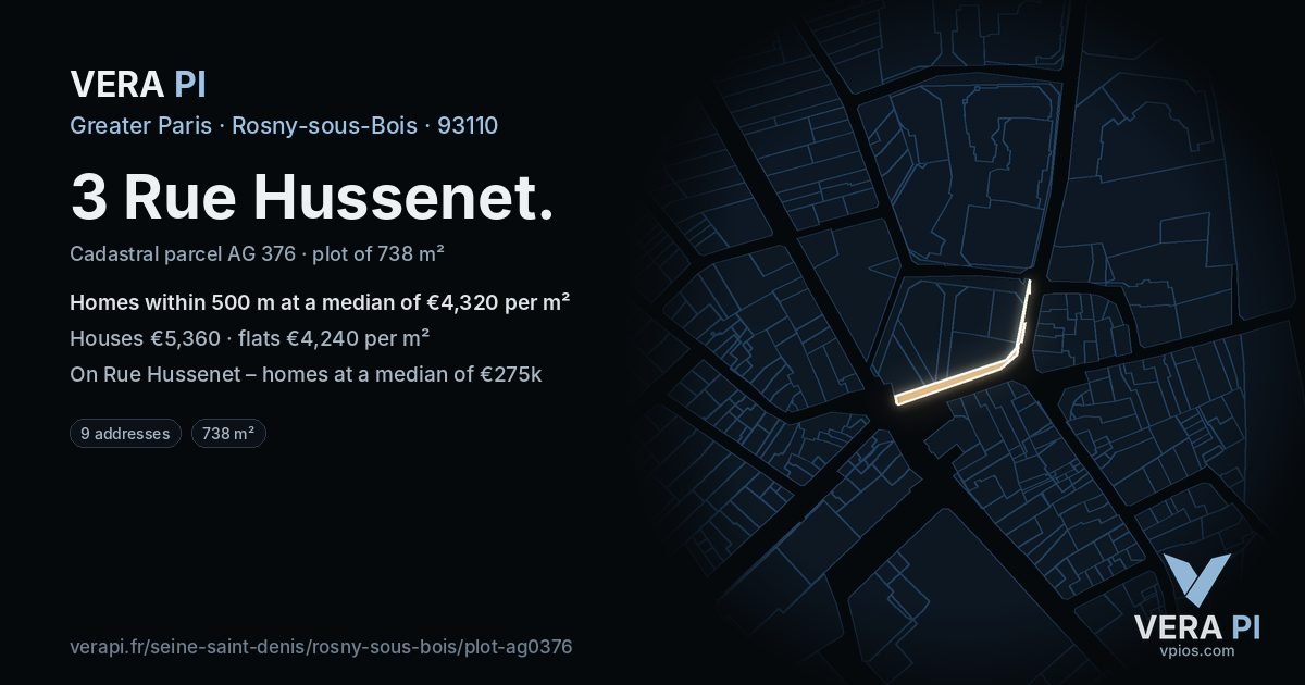 3 Rue Hussenet, Rosny-sous-Bois at night – the plot lit, the parcels around coloured by the prices near them