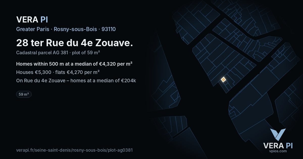28 ter Rue du 4e Zouave, Rosny-sous-Bois at night – the plot lit, the parcels around coloured by the prices near them