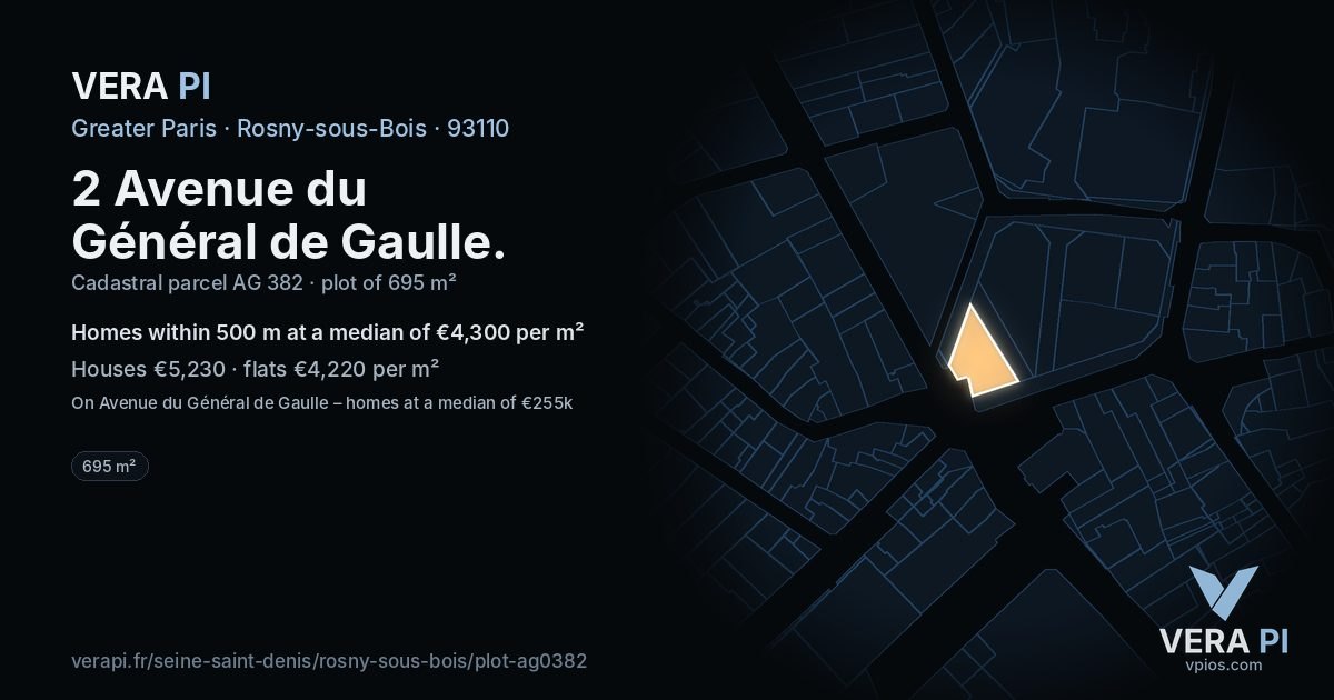 2 Avenue du Général de Gaulle, Rosny-sous-Bois at night – the plot lit, the parcels around coloured by the prices near them