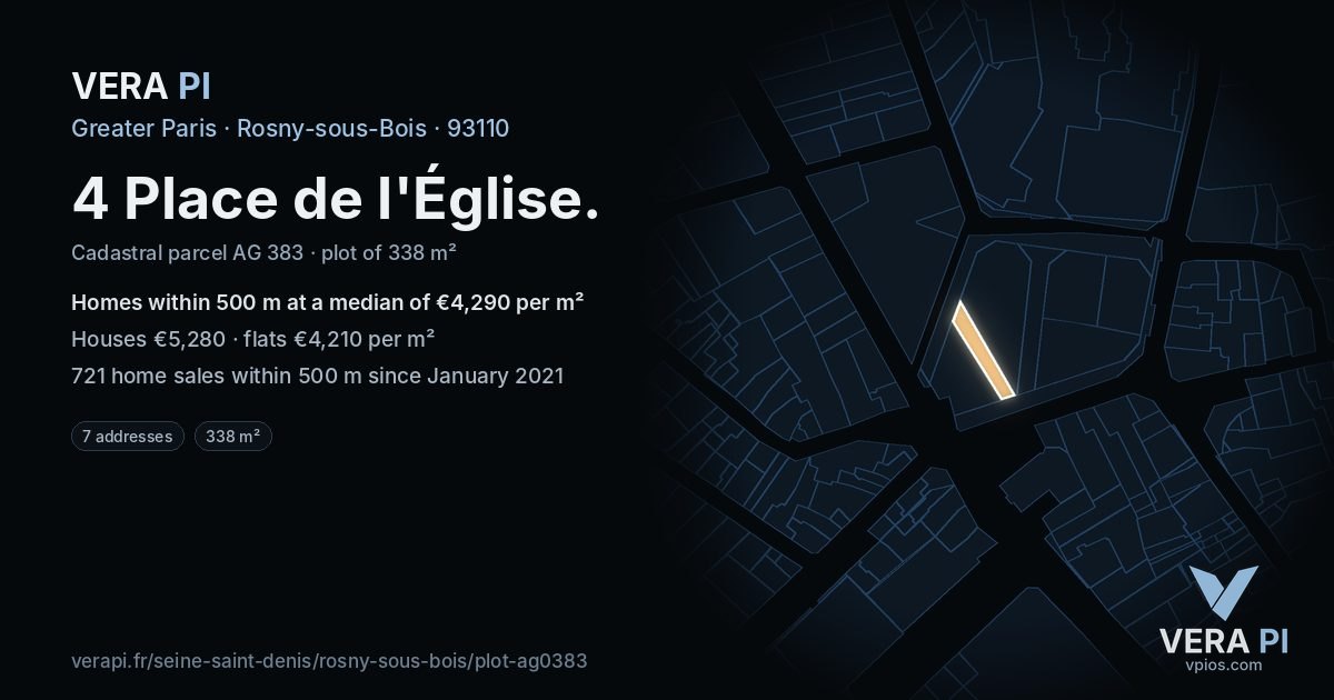 4 Place de l'Église, Rosny-sous-Bois at night – the plot lit, the parcels around coloured by the prices near them