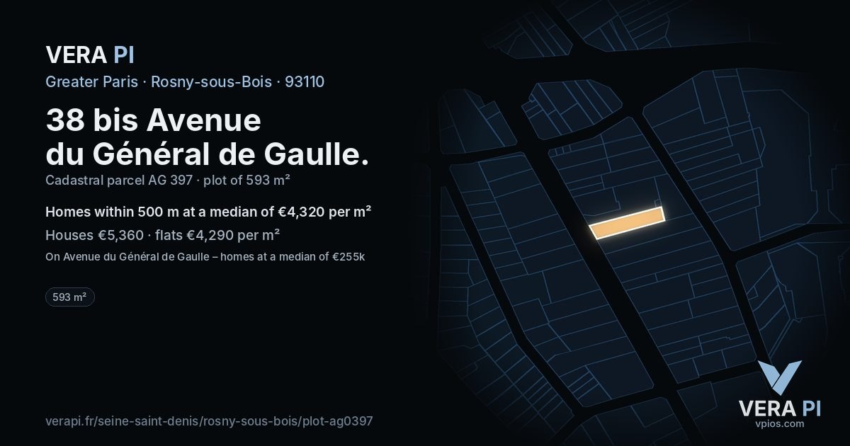 38 bis Avenue du Général de Gaulle, Rosny-sous-Bois at night – the plot lit, the parcels around coloured by the prices near them