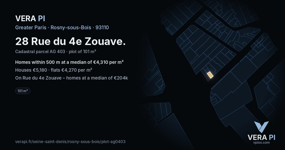 28 Rue du 4e Zouave, Rosny-sous-Bois at night – the plot lit, the parcels around coloured by the prices near them