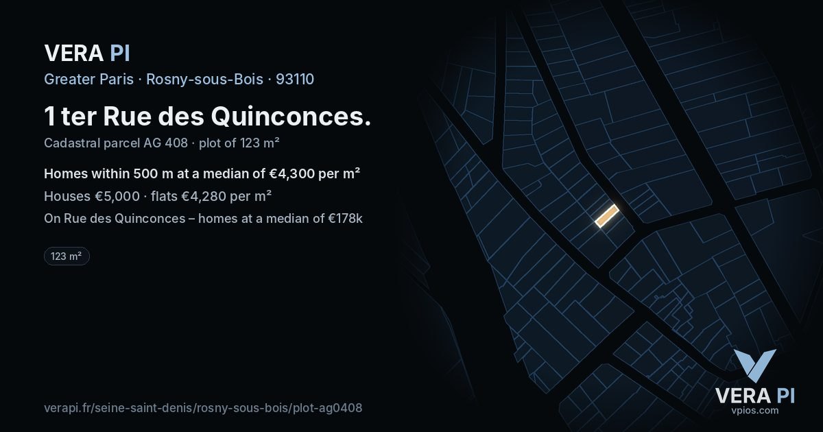 1 ter Rue des Quinconces, Rosny-sous-Bois at night – the plot lit, the parcels around coloured by the prices near them