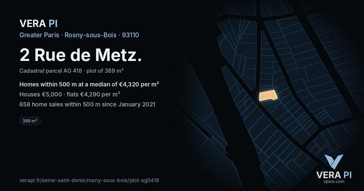 2 Rue de Metz, Rosny-sous-Bois at night – the plot lit, the parcels around coloured by the prices near them