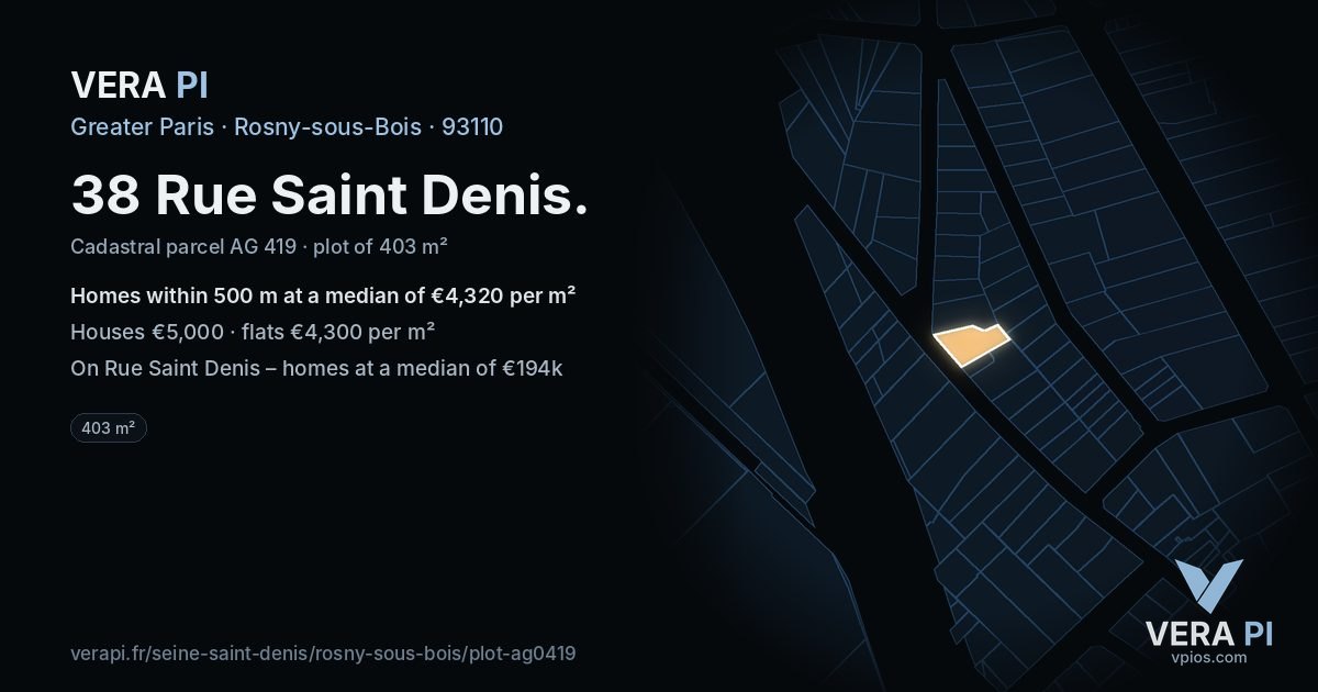 38 Rue Saint Denis, Rosny-sous-Bois at night – the plot lit, the parcels around coloured by the prices near them