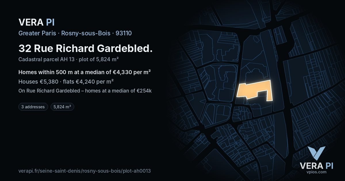 32 Rue Richard Gardebled, Rosny-sous-Bois at night – the plot lit, the parcels around coloured by the prices near them