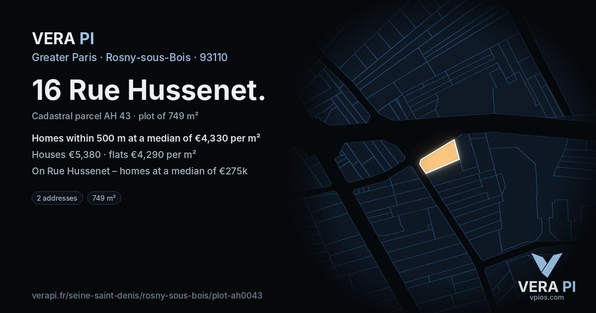 16 Rue Hussenet, Rosny-sous-Bois at night – the plot lit, the parcels around coloured by the prices near them