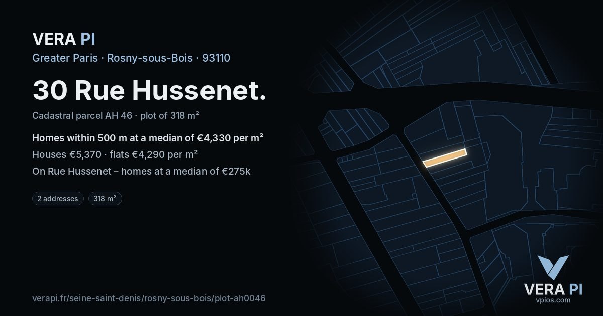 30 Rue Hussenet, Rosny-sous-Bois at night – the plot lit, the parcels around coloured by the prices near them