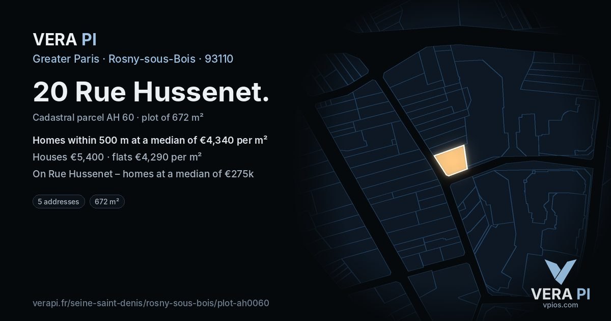 20 Rue Hussenet, Rosny-sous-Bois at night – the plot lit, the parcels around coloured by the prices near them