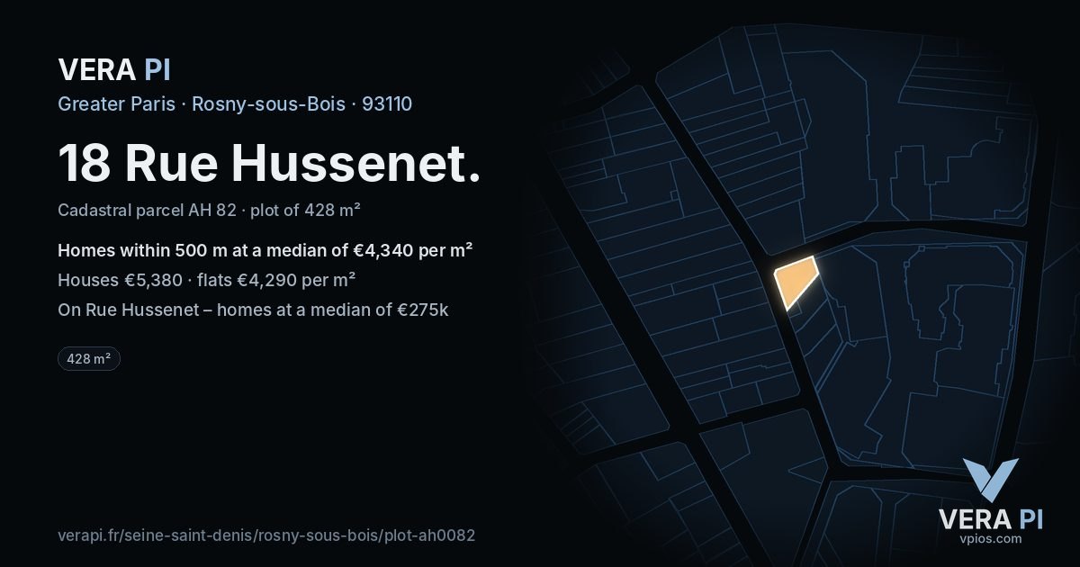 18 Rue Hussenet, Rosny-sous-Bois at night – the plot lit, the parcels around coloured by the prices near them