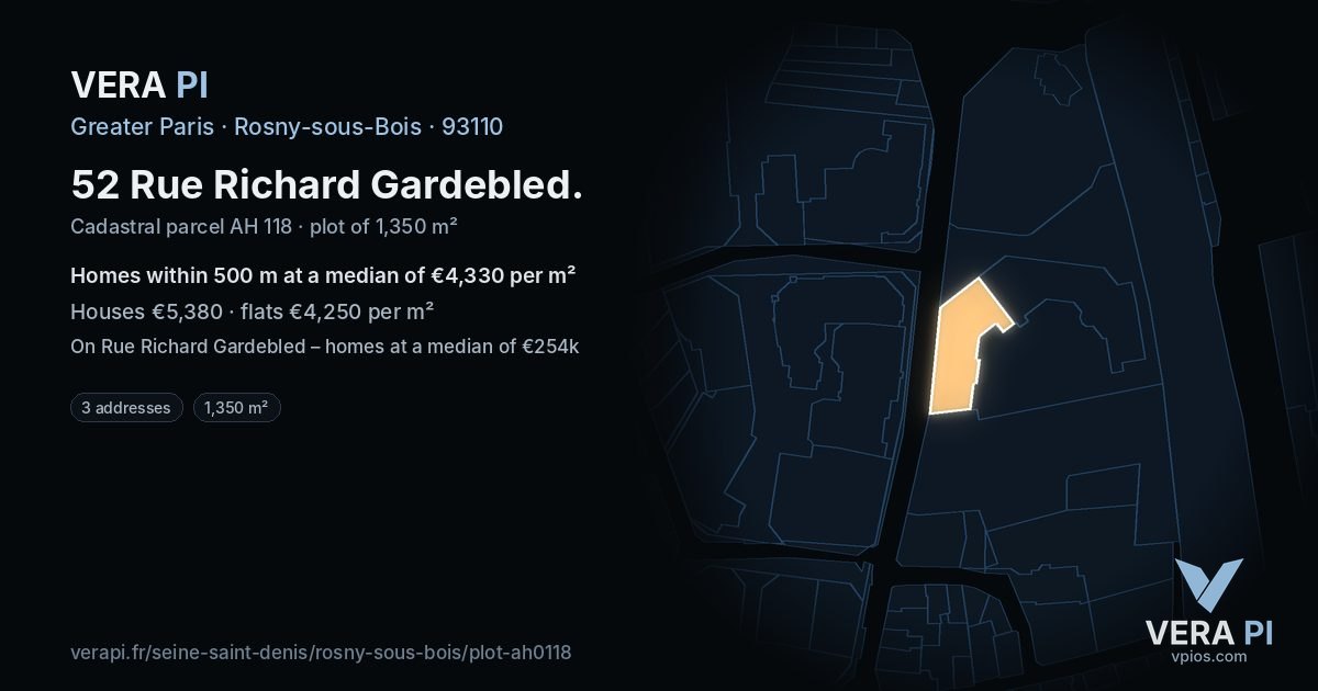 52 Rue Richard Gardebled, Rosny-sous-Bois at night – the plot lit, the parcels around coloured by the prices near them