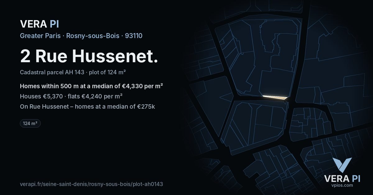 2 Rue Hussenet, Rosny-sous-Bois at night – the plot lit, the parcels around coloured by the prices near them