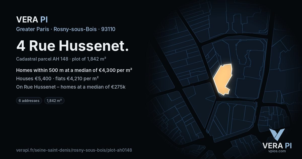 4 Rue Hussenet, Rosny-sous-Bois at night – the plot lit, the parcels around coloured by the prices near them