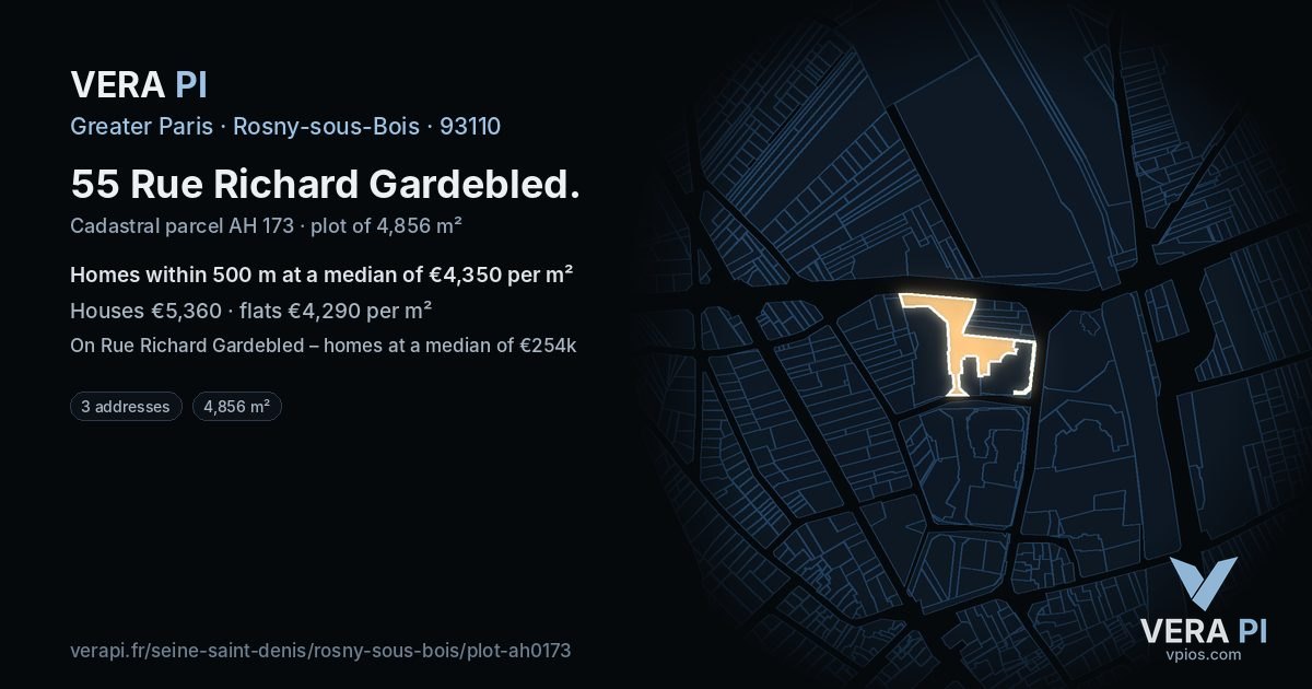 55 Rue Richard Gardebled, Rosny-sous-Bois at night – the plot lit, the parcels around coloured by the prices near them