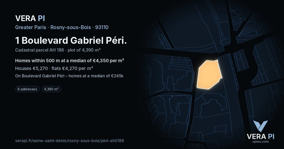 1 Boulevard Gabriel Péri, Rosny-sous-Bois at night – the plot lit, the parcels around coloured by the prices near them