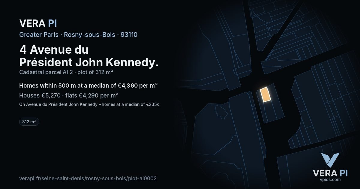 4 Avenue du Président John Kennedy, Rosny-sous-Bois at night – the plot lit, the parcels around coloured by the prices near them
