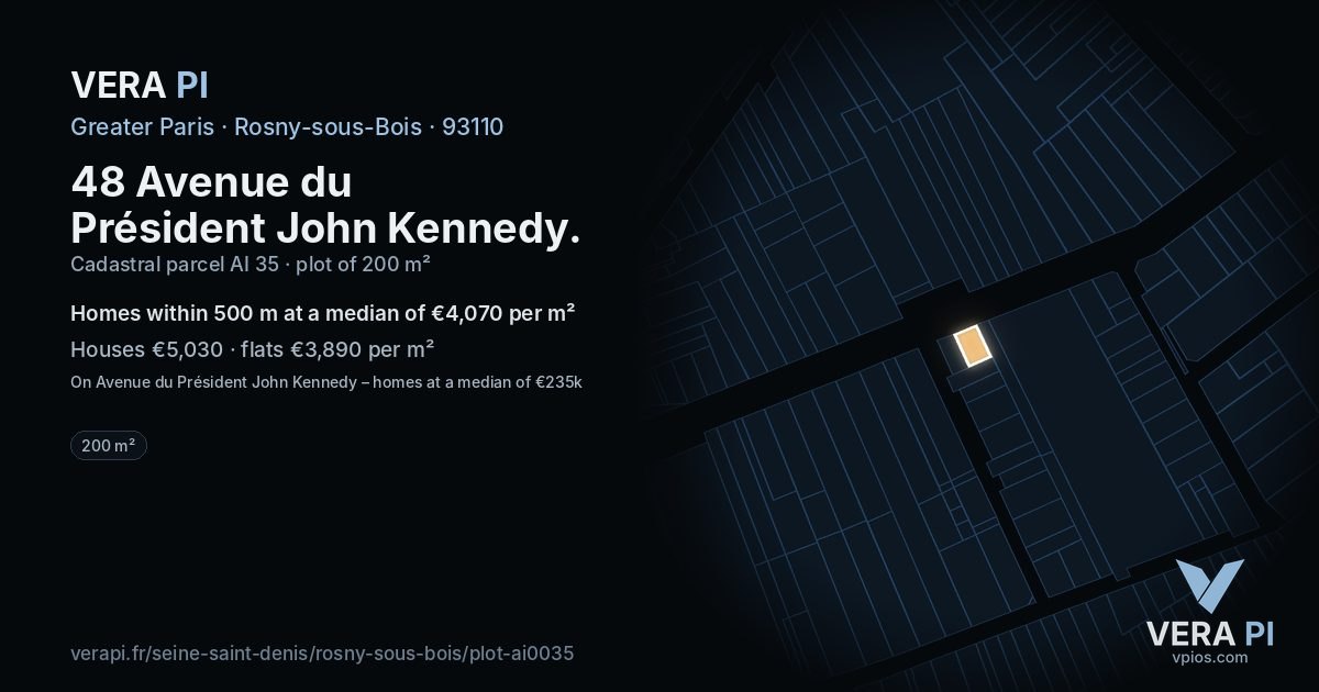 48 Avenue du Président John Kennedy, Rosny-sous-Bois at night – the plot lit, the parcels around coloured by the prices near them