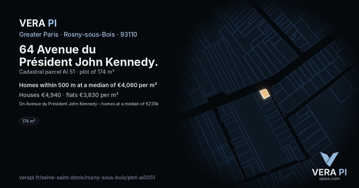 64 Avenue du Président John Kennedy, Rosny-sous-Bois at night – the plot lit, the parcels around coloured by the prices near them