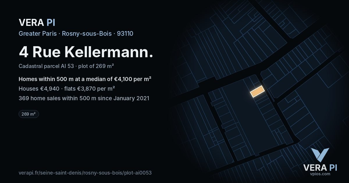 4 Rue Kellermann, Rosny-sous-Bois at night – the plot lit, the parcels around coloured by the prices near them