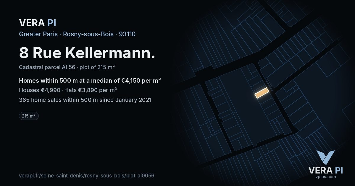 8 Rue Kellermann, Rosny-sous-Bois at night – the plot lit, the parcels around coloured by the prices near them