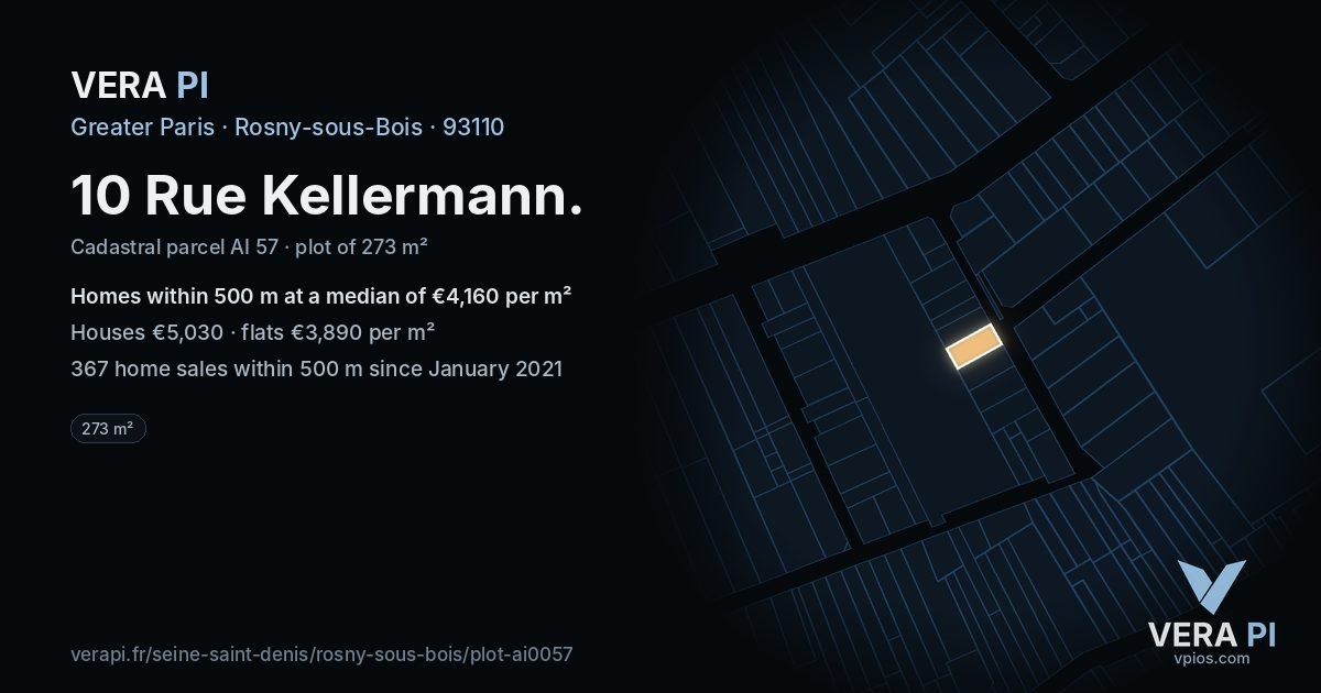 10 Rue Kellermann, Rosny-sous-Bois at night – the plot lit, the parcels around coloured by the prices near them