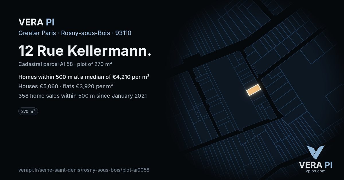 12 Rue Kellermann, Rosny-sous-Bois at night – the plot lit, the parcels around coloured by the prices near them