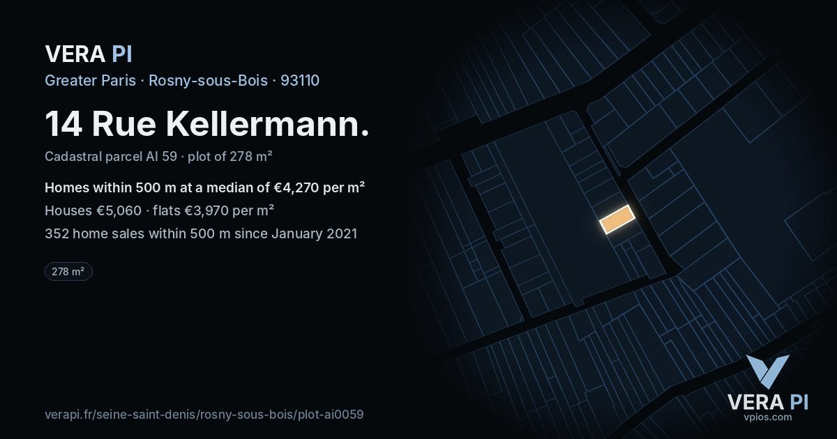 14 Rue Kellermann, Rosny-sous-Bois at night – the plot lit, the parcels around coloured by the prices near them