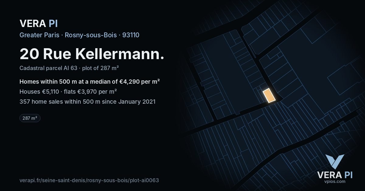 20 Rue Kellermann, Rosny-sous-Bois at night – the plot lit, the parcels around coloured by the prices near them