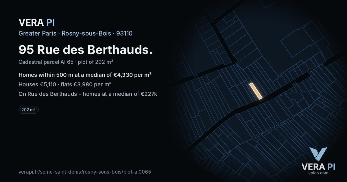 95 Rue des Berthauds, Rosny-sous-Bois at night – the plot lit, the parcels around coloured by the prices near them