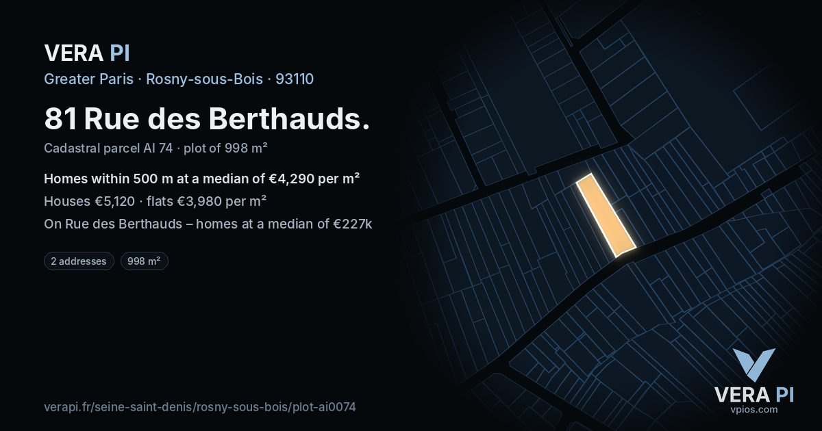 81 Rue des Berthauds, Rosny-sous-Bois at night – the plot lit, the parcels around coloured by the prices near them